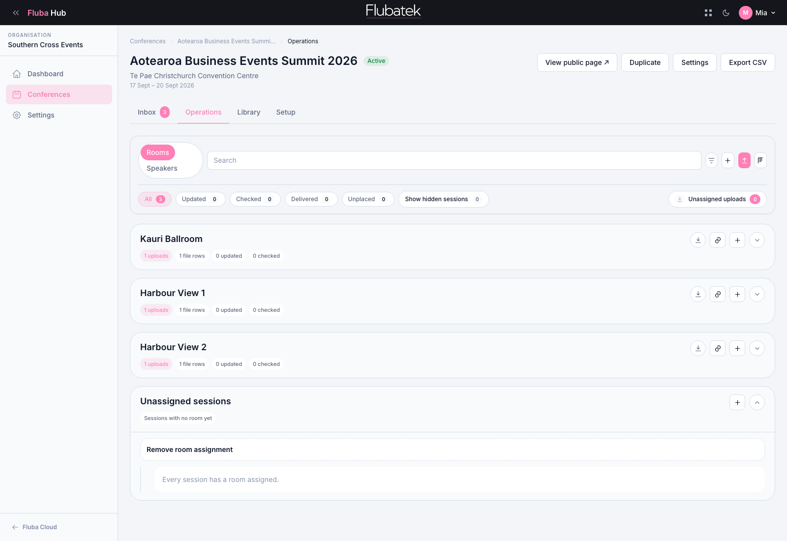 Fluba Hub operations view showing room-based file sorting across multiple breakout spaces.